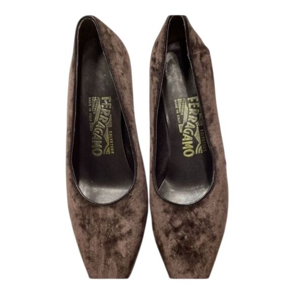 Salvatore Ferragamo‎ Vintage Brown Velvet  Leather Heels Size 6.5 - Picture 1 of 12
